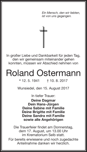 Traueranzeige von Roland Ostermann von Frankenpost