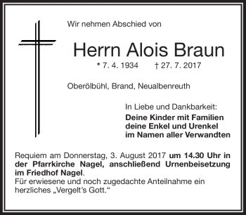 Traueranzeige von Alois Braun von Frankenpost