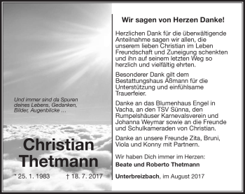 Traueranzeige von Christian Thetmann von Südthüringer Presse