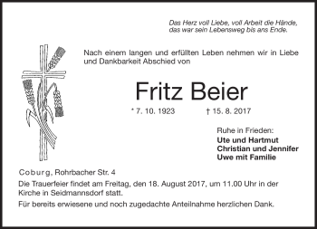 Traueranzeige von Fritz Beier von Neue Presse Coburg