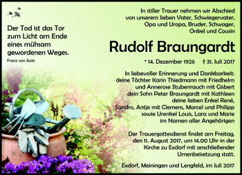 Traueranzeige von Rudolf Braungardt von Südthüringer Presse