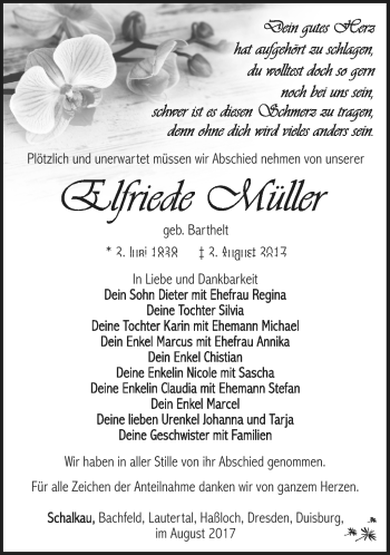 Traueranzeige von Elfriede Müller von Südthüringer Presse