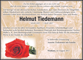 Traueranzeige von Helmut Tiedemann von Südthüringer Presse