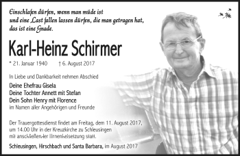 Traueranzeige von Karl-Heinz Schirmer von Südthüringer Presse