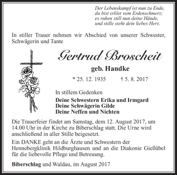 Traueranzeige von Gertrud Broscheit von Südthüringer Presse