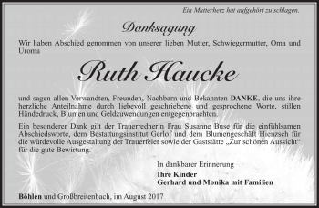 Traueranzeige von Ruth Haucke von Südthüringer Presse