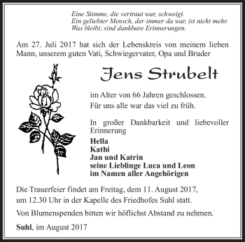 Traueranzeige von Jens Strubelt von Südthüringer Presse