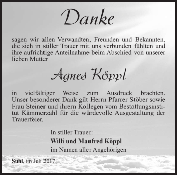 Traueranzeige von Agnes Köppl von Südthüringer Presse
