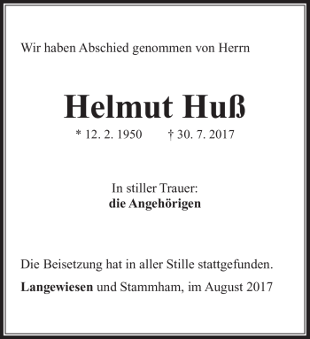 Traueranzeige von Helmut Huß von Südthüringer Presse