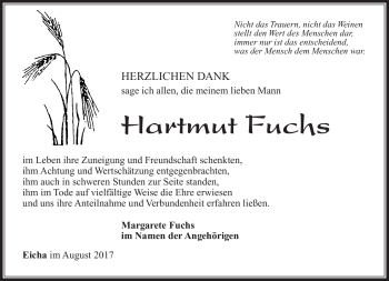 Traueranzeige von Hartmut Fuchs von Südthüringer Presse