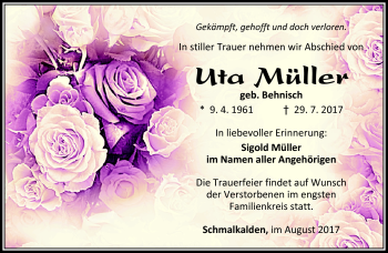 Traueranzeige von Uta Müller von Südthüringer Presse