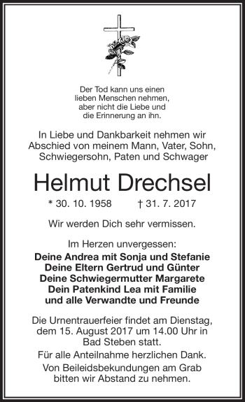 Traueranzeige von Helmut Drechsel von Frankenpost