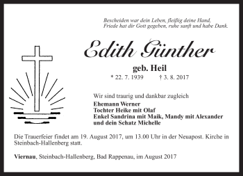 Traueranzeige von Edith Günther von Südthüringer Presse