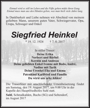 Traueranzeige von Siegfried Heinkel von Südthüringer Presse