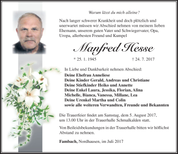 Traueranzeige von Manfred Hesse von Südthüringer Presse