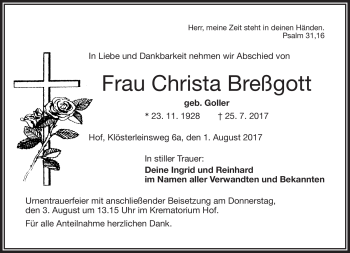 Traueranzeige von Christa Breßgott von Frankenpost