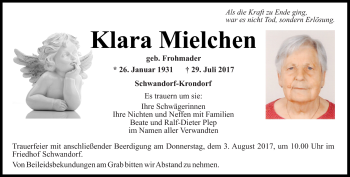 Traueranzeige von Klara Mielchen von Frankenpost