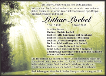 Traueranzeige von Lothar Loebel von Südthüringer Presse