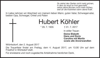 Traueranzeige von Hubert Köhler von Neue Presse Coburg