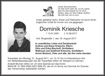 Traueranzeige von Dominik Kriesche von Frankenpost