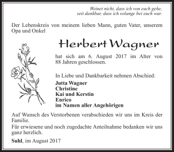 Traueranzeige von Herbert Wagner von Südthüringer Presse