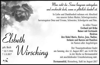 Traueranzeige von Elsbeth Wirsching von Südthüringer Presse
