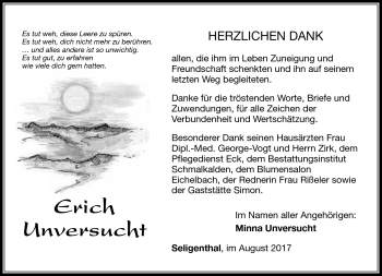 Traueranzeige von Erich Unversucht von Südthüringer Presse