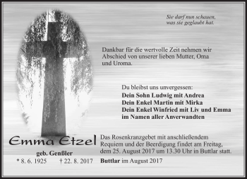Traueranzeige von Emma Etzel von Südthüringer Presse