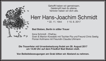 Traueranzeige von Hans-Joachim Schmidt von Frankenpost