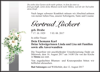 Traueranzeige von Gertrud Lückert von Südthüringer Presse