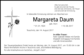 Traueranzeige von Margareta Daum von Frankenpost