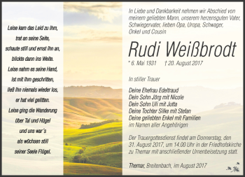 Traueranzeige von Rudi Weißbrodt von Südthüringer Presse