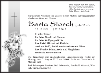 Traueranzeige von Berta Storch von Südthüringer Presse
