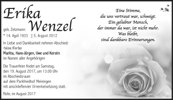 Traueranzeige von Erika Wenzel von Südthüringer Presse
