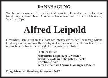 Traueranzeige von Alfred Leipold von Südthüringer Presse