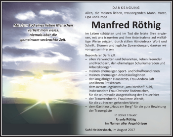 Traueranzeige von Manfred Röthig von Südthüringer Presse