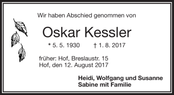 Traueranzeige von Oskar Kessler von Frankenpost