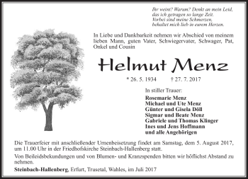 Traueranzeige von Helmut Menz von Südthüringer Presse