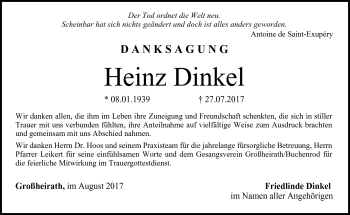 Traueranzeige von Heinz Dinkel von Neue Presse Coburg