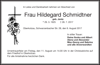 Traueranzeige von Hildegard Schmidtner von Frankenpost