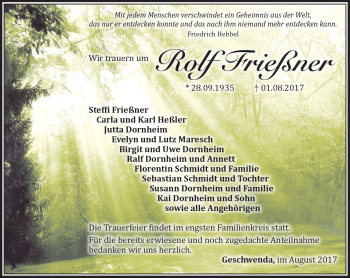 Traueranzeige von Rolf Frießner von Südthüringer Presse
