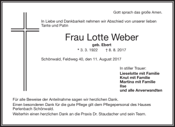Traueranzeige von Lotte Weber von Frankenpost