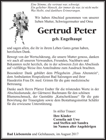 Traueranzeige von Gertrud Peter von Südthüringer Presse