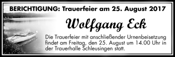 Traueranzeige von Wolfgang Eck von Südthüringer Presse