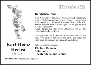 Traueranzeige von Karl-Heinz Herbst von Südthüringer Presse