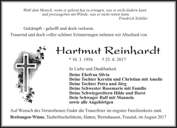 Traueranzeige von Hartmut Reinhardt von Südthüringer Presse