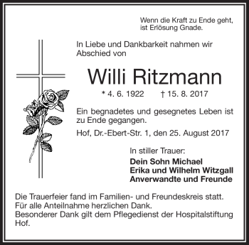 Traueranzeige von Willi Ritzmann von Frankenpost