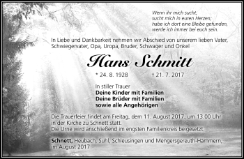 Traueranzeige von Hans Schmitt von Südthüringer Presse