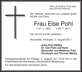 Traueranzeige von Else Pohl von Frankenpost
