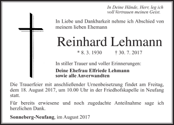 Traueranzeige von Reinhard Lehmann von Südthüringer Presse